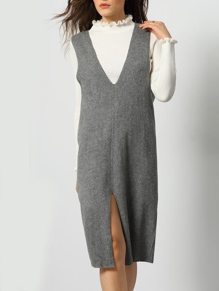 Shein Grey V Neck Sleeveless Split Dress
