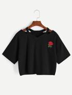 Shein Cut Out V Neckline Rose Patch Slub Tee