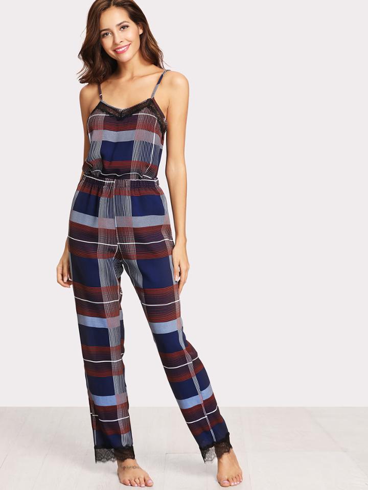 Shein Floral Lace Detail Plaid Cami Top & Pants Pj Set