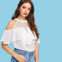 Shein Cold Shoulder Contrast Mesh Ruffle Trim Dot Top