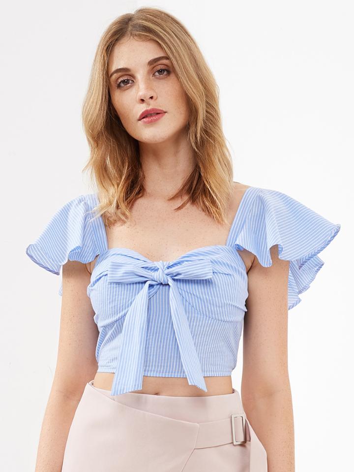 Shein Flutter Sleeve Bow Front Smocked Bustier Top