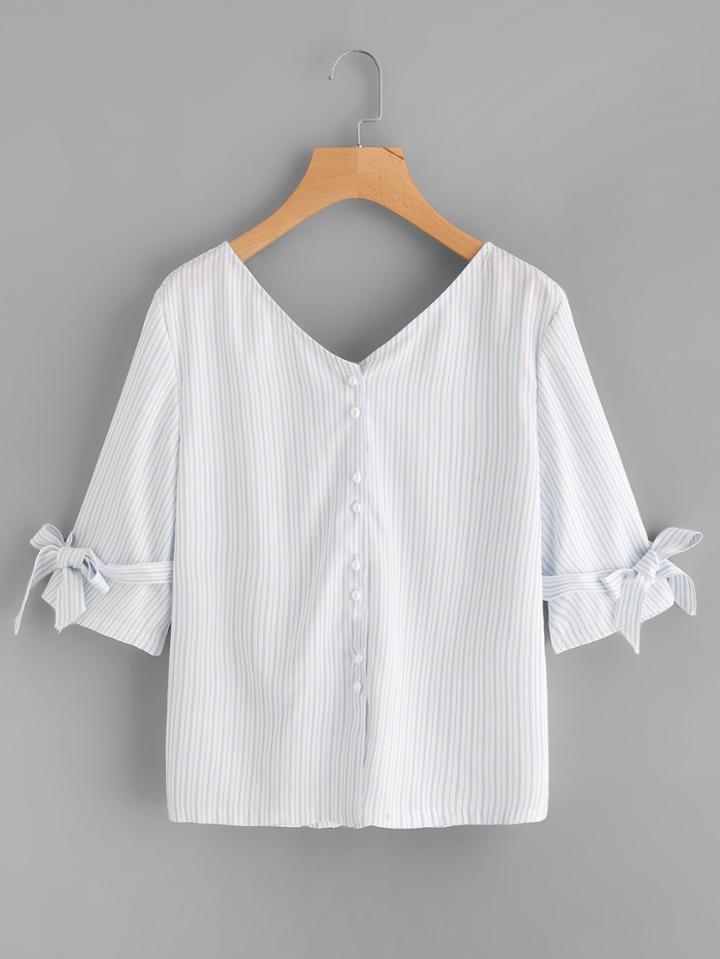 Shein Double V-neckline Bow Tie Back Blouse