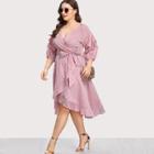 Shein Plus Lantern Sleeve Ruffle Trim Pinstripe Dress