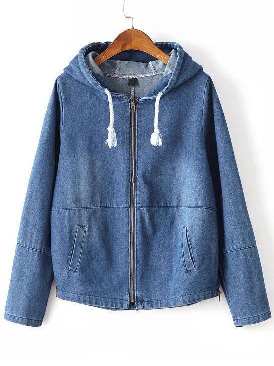 Shein Blue Zipper Up Drawstring Hooded Jacket With Pocket