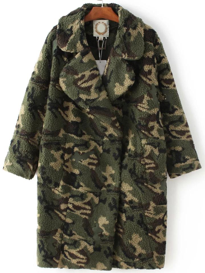 Shein Army Green Hidden Button Camouflage Coat