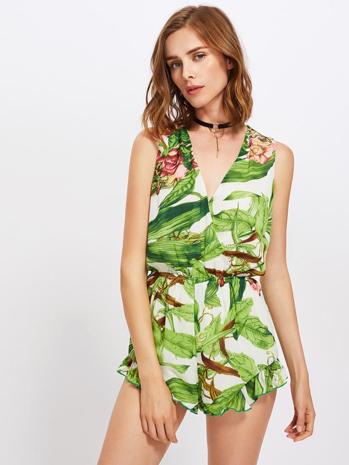 Shein Overlap Front Frilled Hem Tropical Romper