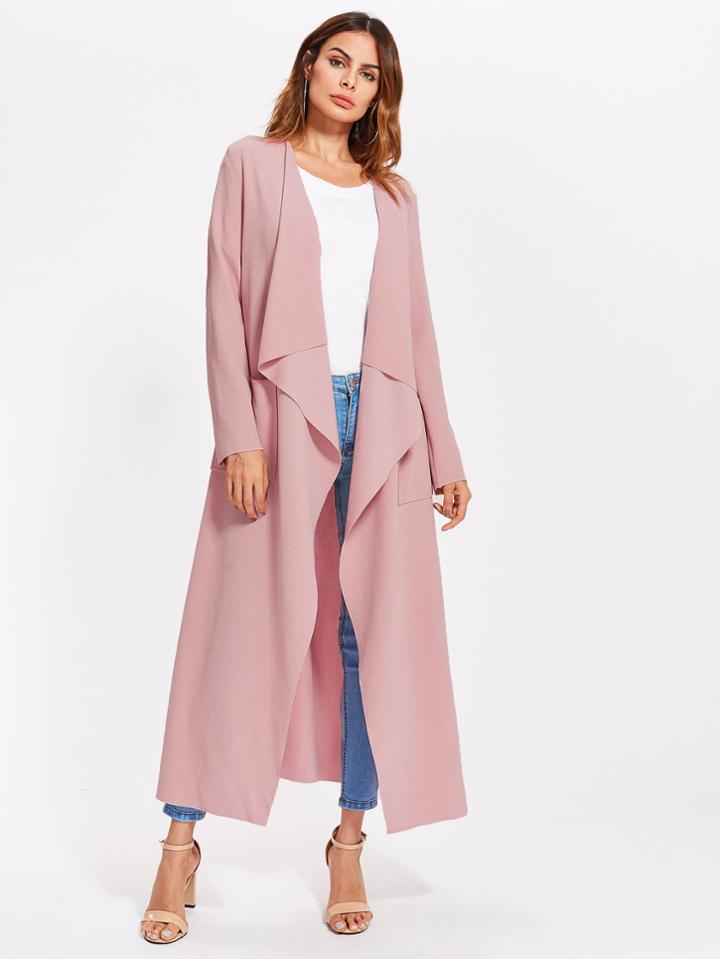 Shein Patch Pocket Self Belted Textured Waterfall Wrap Coat