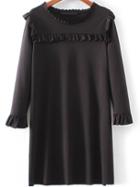 Shein Black Ruffle Detail Long Sleeve Shift Dress