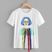 Shein Ribbon Decoration Girl Print Tee