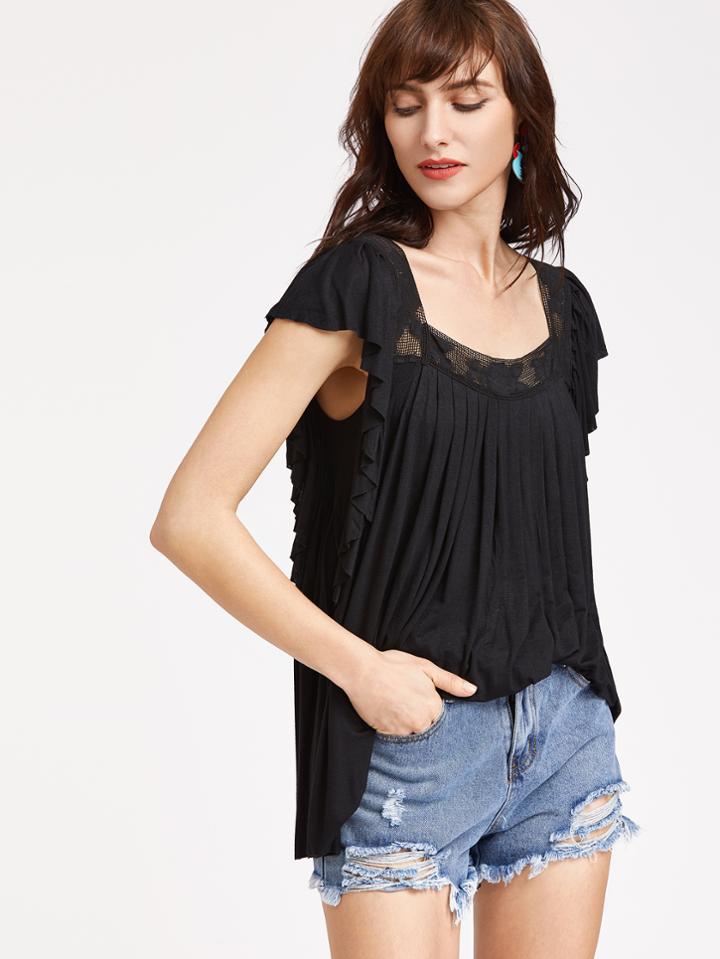 Shein Square Neck Lace Insert Pleated Swing T-shirt