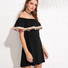 Shein Flounce Layered Neck Embroidery And Pompom Trim Dress