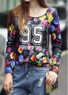 Rosewe Mesh Splicing Flower And Number Print T Shirt