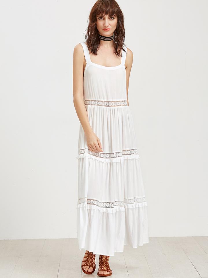 Shein White Floral Lace And Ruffle Detail Thick Strap Dress