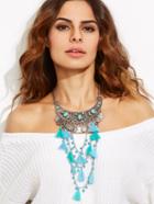 Shein Silver Vintage Etched Beaded Fringe Statement Necklace