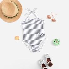 Shein Toddler Girls Bow Detail Striped Swimsuit