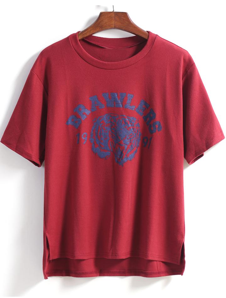 Shein Wine Red Short Sleeve Letters Print Dip Hem T-shirt