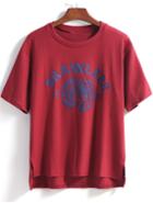 Shein Wine Red Short Sleeve Letters Print Dip Hem T-shirt