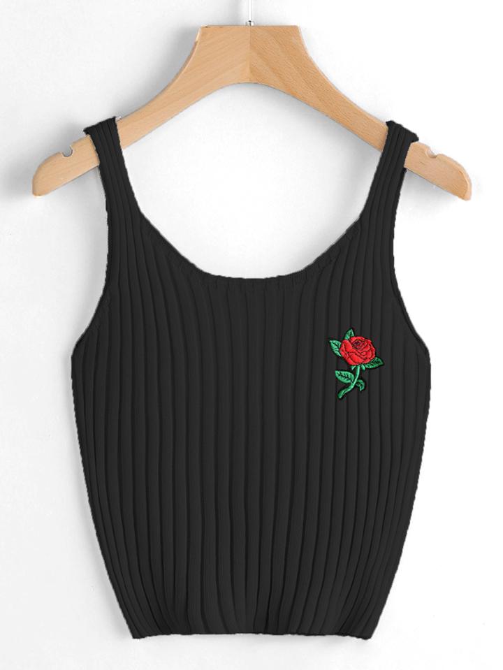 Shein Rose Embroidered Patch Ribbed Top