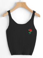 Shein Rose Embroidered Patch Ribbed Top