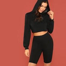 Shein Solid Crop Hoodie And Leggings Shorts Set