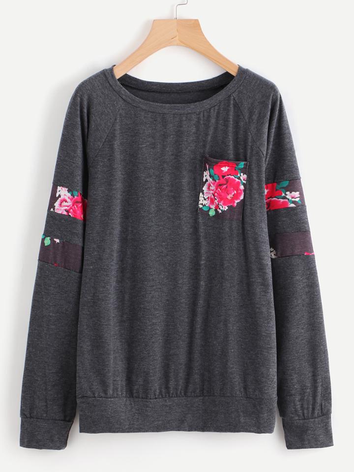 Shein Contrast Floral Print Sweatshirt With Chest Pocket