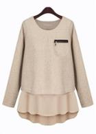 Rosewe Fake Two Piece Pattern Apricot Patchwork T Shirts For Ol