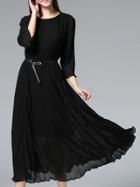 Shein Black Pleated Belted Midi Dress
