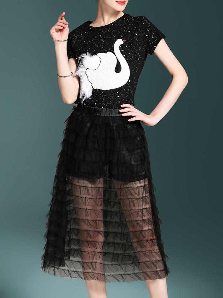 Shein Swan Top With Layered Sheer Skirt