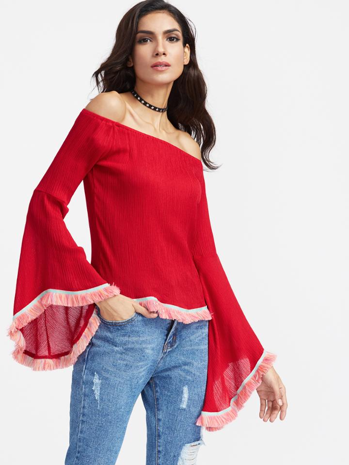 Shein Red Off The Shoulder Bell Sleeve Fringe Hem Top