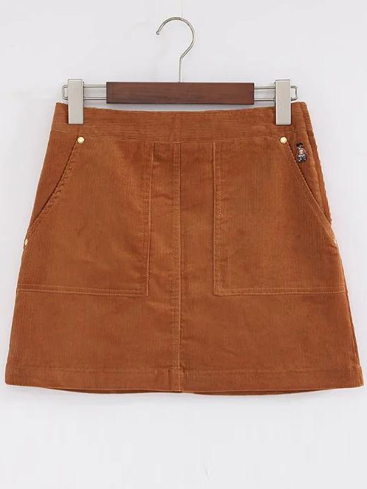 Shein Camel Bear Embroidery Zipper Side Corduroy A Line Skirt
