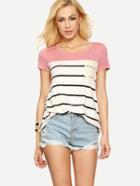 Shein Contrast Lace Pocket Striped T-shirt