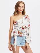 Shein Random Florals Ruched Sleeve Tie Detail Top