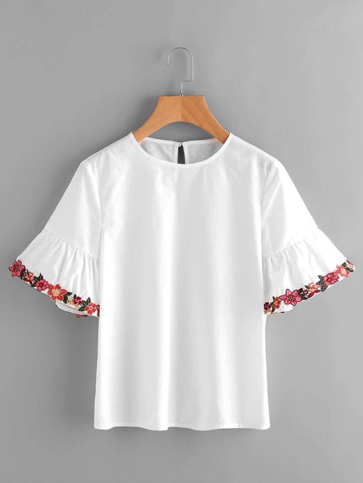 Shein Embroidered Flower Trim Trumpet Sleeve Top