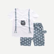 Shein Boys Owl Print Tee With Polk Dot Shorts