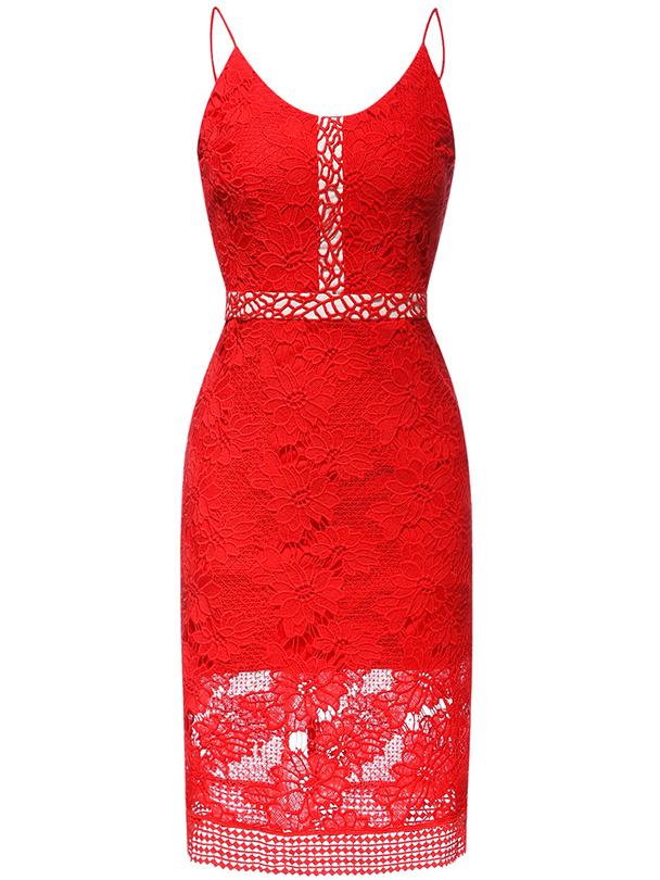 Shein Red Spaghetti Strap Crochet Hollow Out Dress