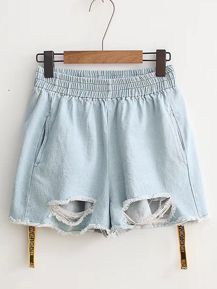 Shein Elastic Waist Raw Hem Tape Detail Denim Shorts