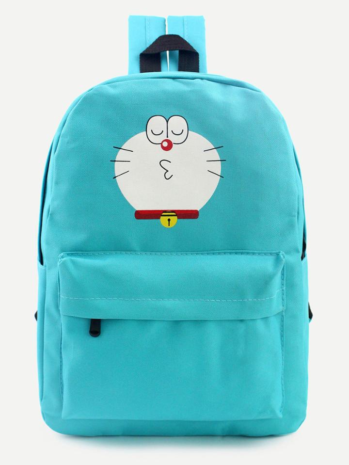 Shein Blue Cartoon Print Front Zipper Nylon Backpack