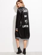 Shein Black Slogan Print Striped Trim Satin Bomber Coat