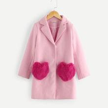 Shein Girls Faux Fur Pocket Buttoned Notched Coat