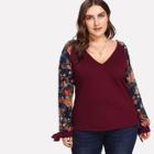 Shein Plus Floral Lace Raglan Sleeve Surplice Tee