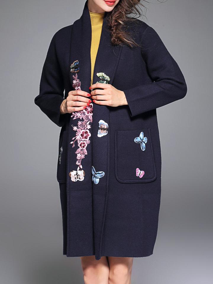 Shein Navy Butterfly Applique Pouf Pockets Coat