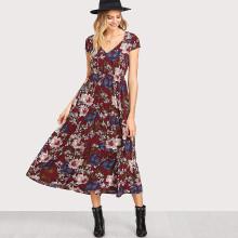 Shein Button Up Front Floral Ruffle Hem Dress