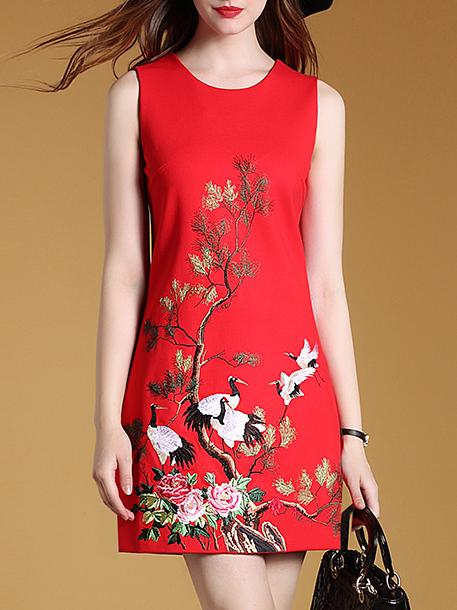 Shein Red Sleeveless Crane Shift Dress