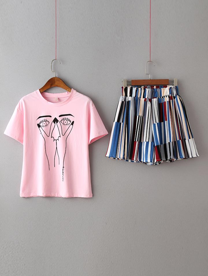 Shein Pink Printed T-shirt With Multicolor Elastic Waist Shorts