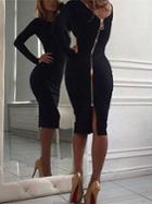 Shein Black Long Sleeve Backless Zipper Slim Dress