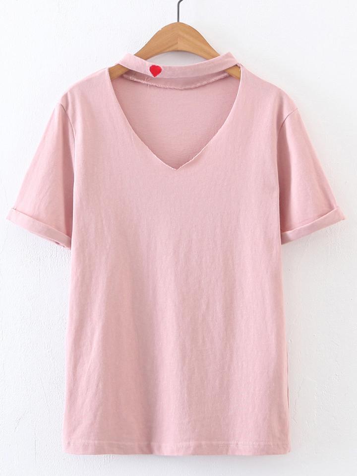Shein V-cut Heart Embroided Rolled Cuff Tee