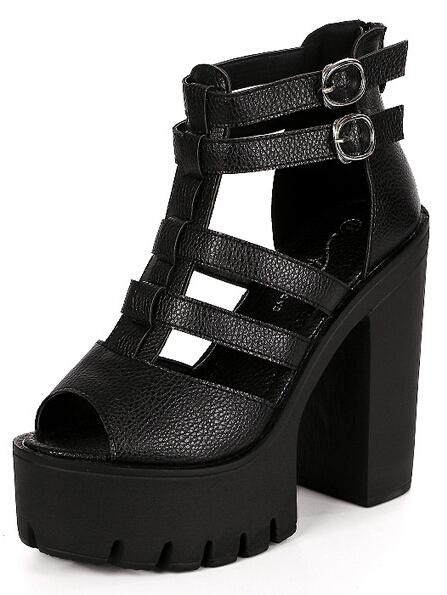 Shein Caged Chunky Platform Buckle Ankle Black Sandals