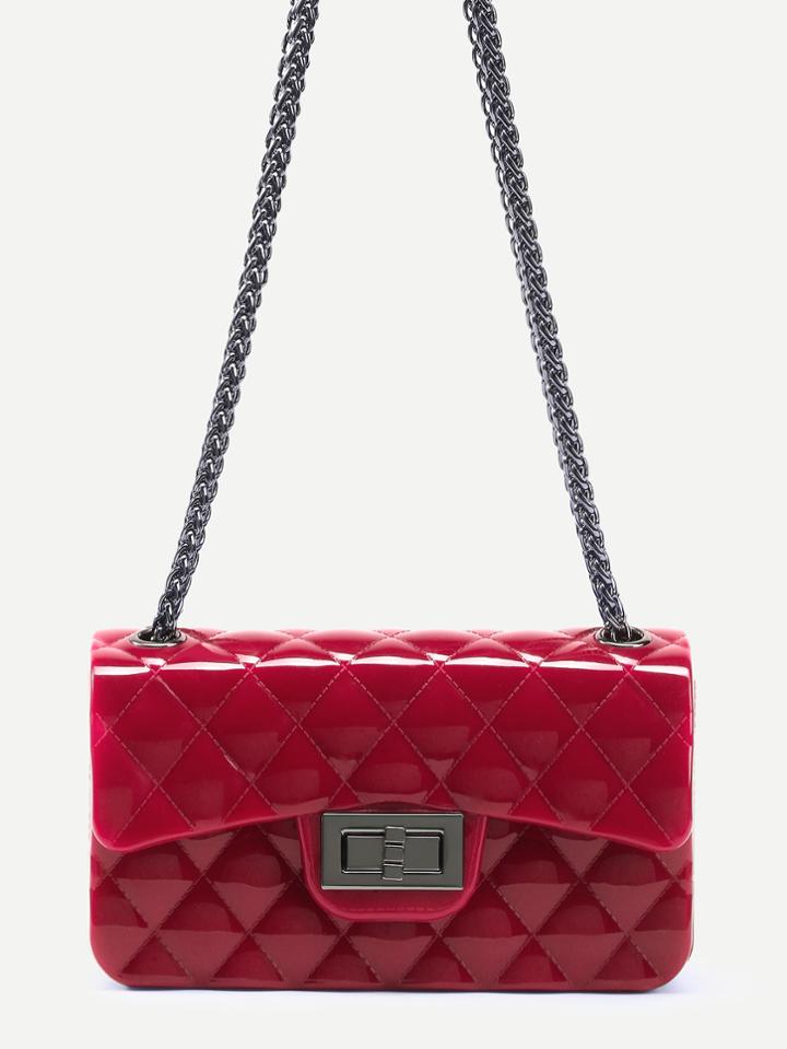 Shein Red Plastic Quilted Flap Bag With Chain