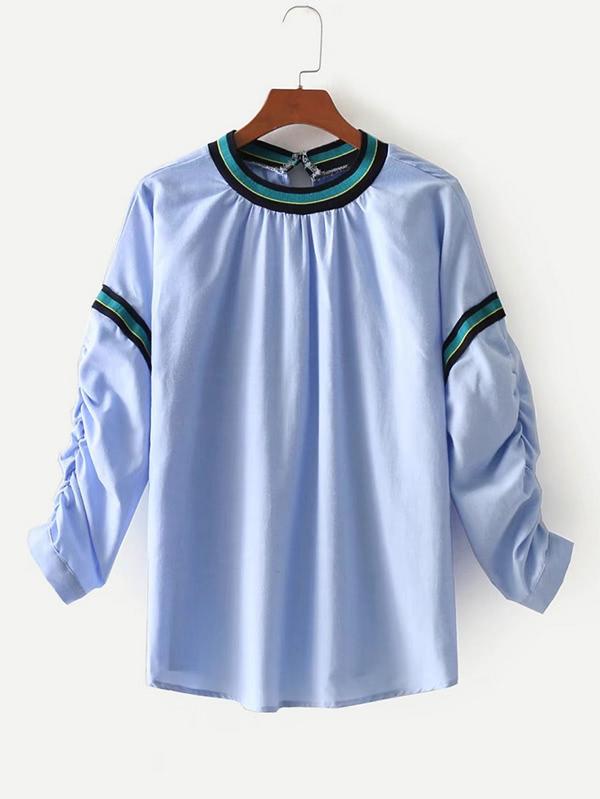 Shein Contrast Striped Tape Shirred Sleeve Blouse