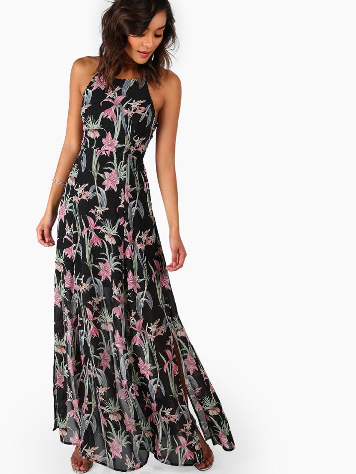 Shein Florals Crisscross Lace Up Back Slit Dress